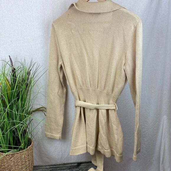 Ralph Lauren tan woven knit long sleeve button front belted cardigan, sweater L - Picture 3 of 8